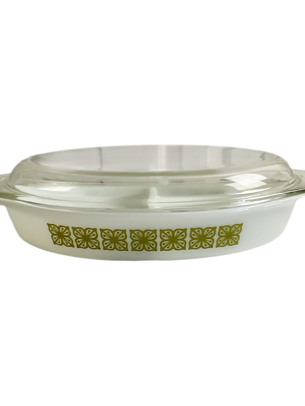 Vintage Pyrex Verde Square Flowers Milk Glass Divided Casserole Dish - 1.5 Qt